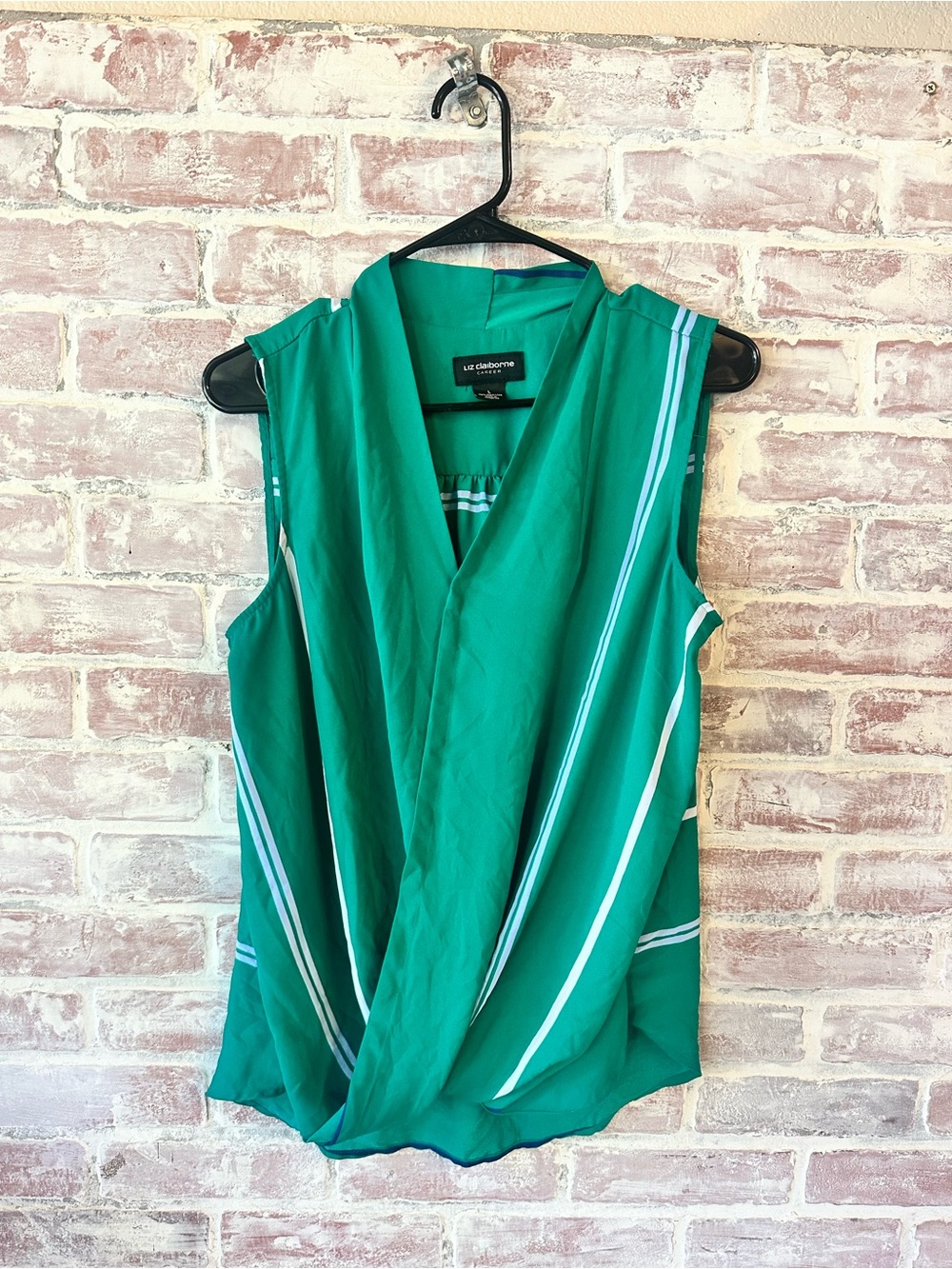 Liz Claiborne Emerald Green Sleeveless Draped Wrap Top with White Stripes